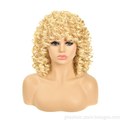 Fluffy Kinky Curly Synthetic Hair Glueless Wig  Afro Wave Curls Wigs for Black Women Blonde Loose Curled Short Bob Hair Bangs